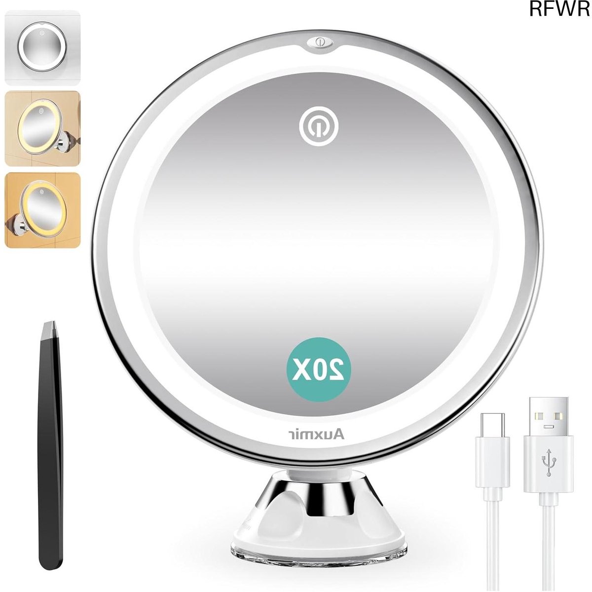 RFWR® Oplaadbare Make-Up Spiegel met 20x Vergroting en Dimbare LED Verlichting