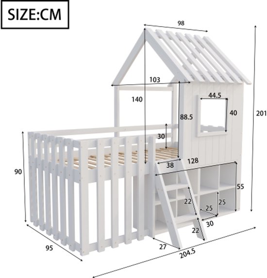 Lit cabane pour enfant 90x200, avec toit et fenêtre, avec espace de rangement ouvert, avec échelle d'escalade, lit superposé pour enfant en bois massif sans matelas, blanc