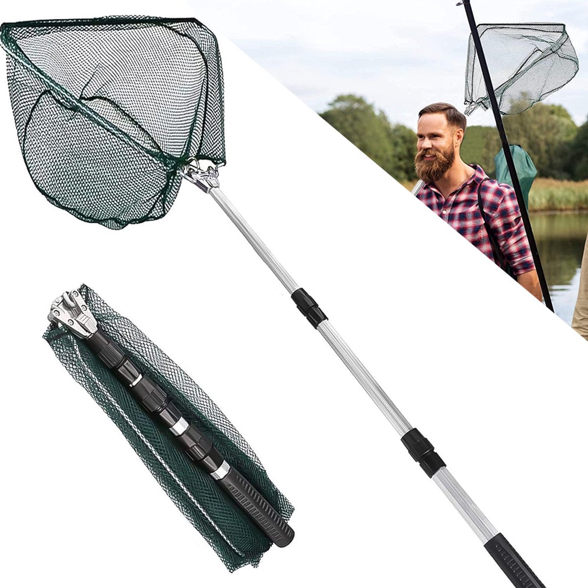 Visnet - 190 cm Telescopisch Visnet met Steel - Visnet - Opvouwbaar Visnet - Lange Steel - Geschikt voor Vijver-, Karper- en Forelvissen