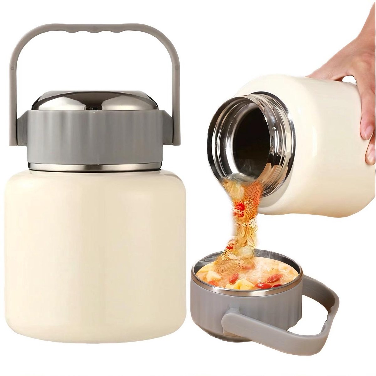 CHIWIN Thermosflask Lunchpot 900ml - 316 RVS Voedselcontainer - Warmhoudbeker Soepbeker met Opvouwbare Lepel - 24 uur Isolatie voor Soep Pap Ontbijt - Draagbaar & Lekvrij - Wit