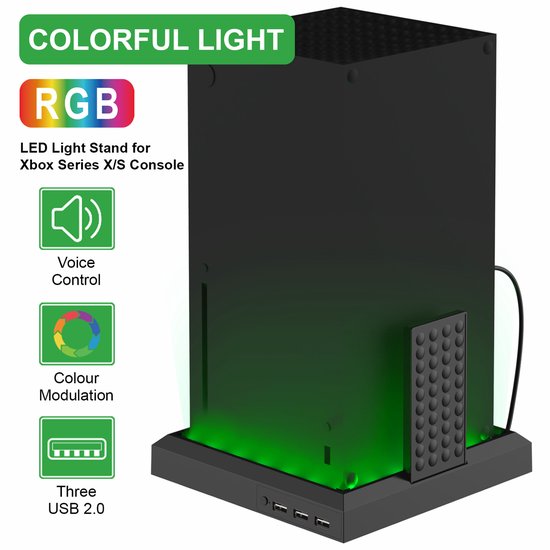 DTC Console Standaard voor Xbox Series X, Veelkleurige console standaard met LED-licht accessoire voor Xbox-controllerkoelfunctie/USB 2.0-poorten