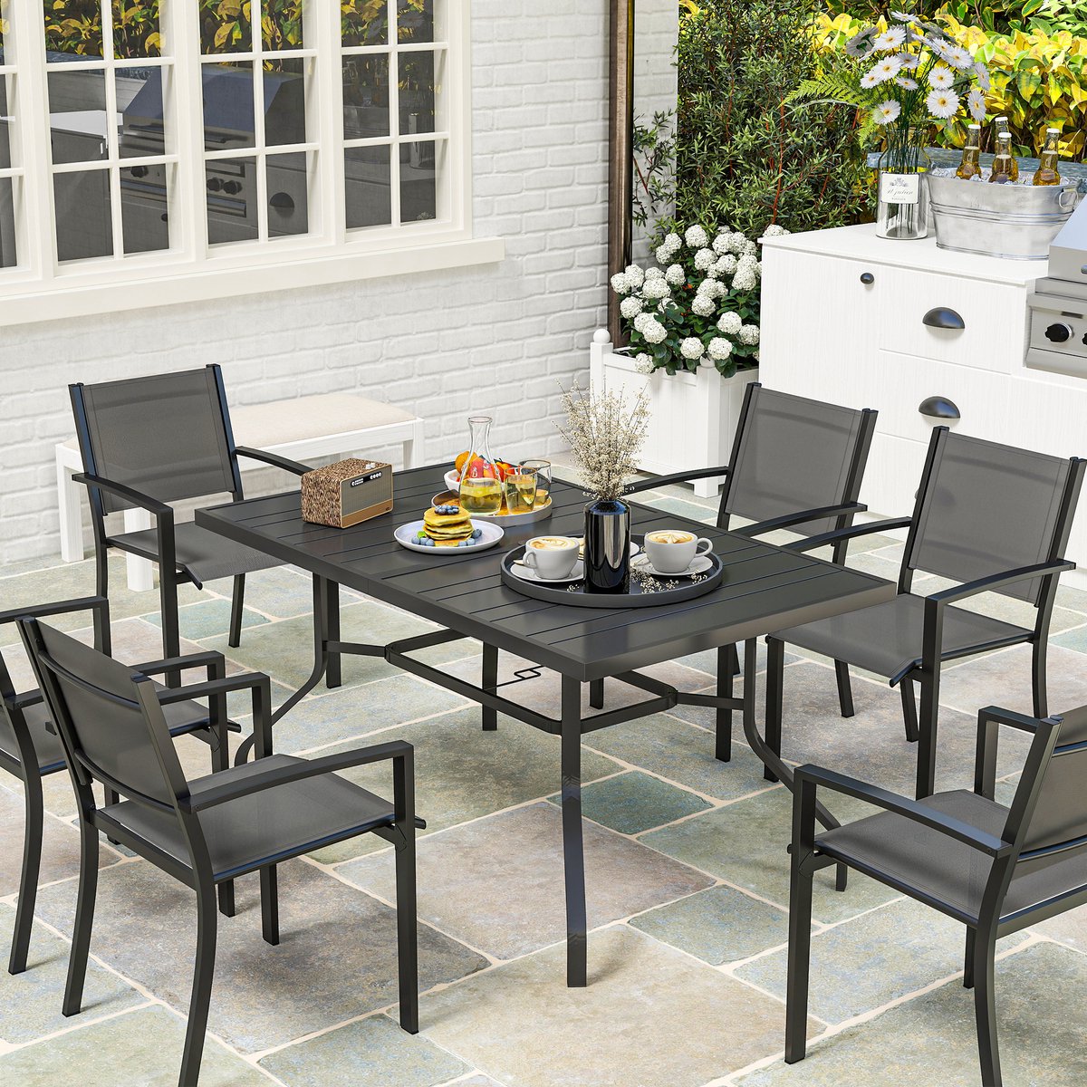 Outsunny tuintafel - met parasolgat - 152L x 90B x 74H cm - zwart – foto 7