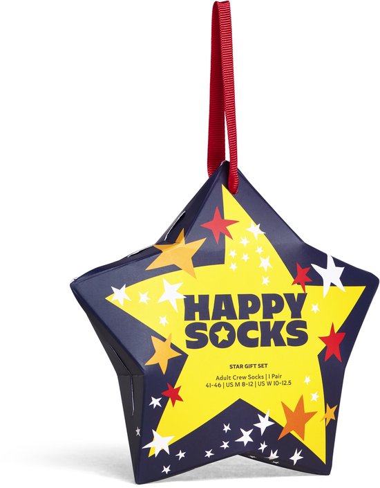 Stervormige geschenkdoos met Happy Socks logo, diverse gekleurde sterren op een donkere achtergrond.