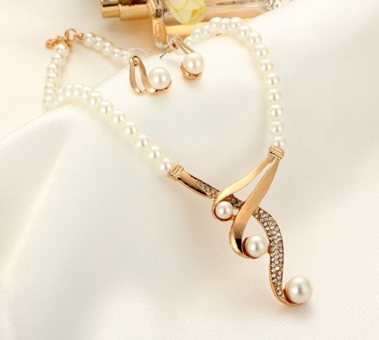 Parure de bijoux - Collier et Boucles d'oreilles - 2 pièces - Perle/Doré/Zircone