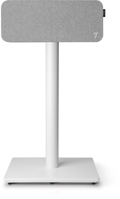 Grijze luidspreker met Teufel logo op witte standaard.