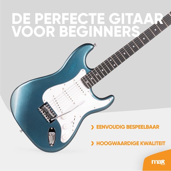 Blauwe elektrische gitaar met witte slagplaat, liggend op een grijze achtergrond. Tekst: 'DE PERFECTE GITAAR VOOR BEGINNERS', 'EENVOUDIG BESPEELBAAR', 'HOOGWAARDIGE KWALITEIT'.