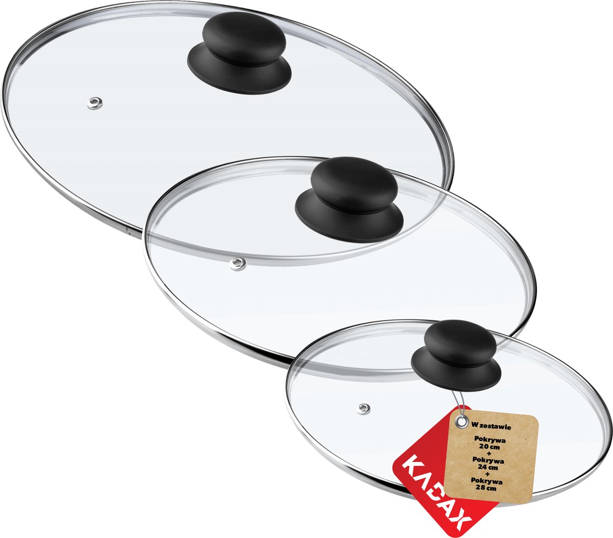 KADAX Glazen dekselset, potdeksel van glas, diameter 14-30 cm, hittebestendige deksel voor pot, pannendeksel met handgreep van kunststof, universeel deksel (20 + 24 + 28 cm)