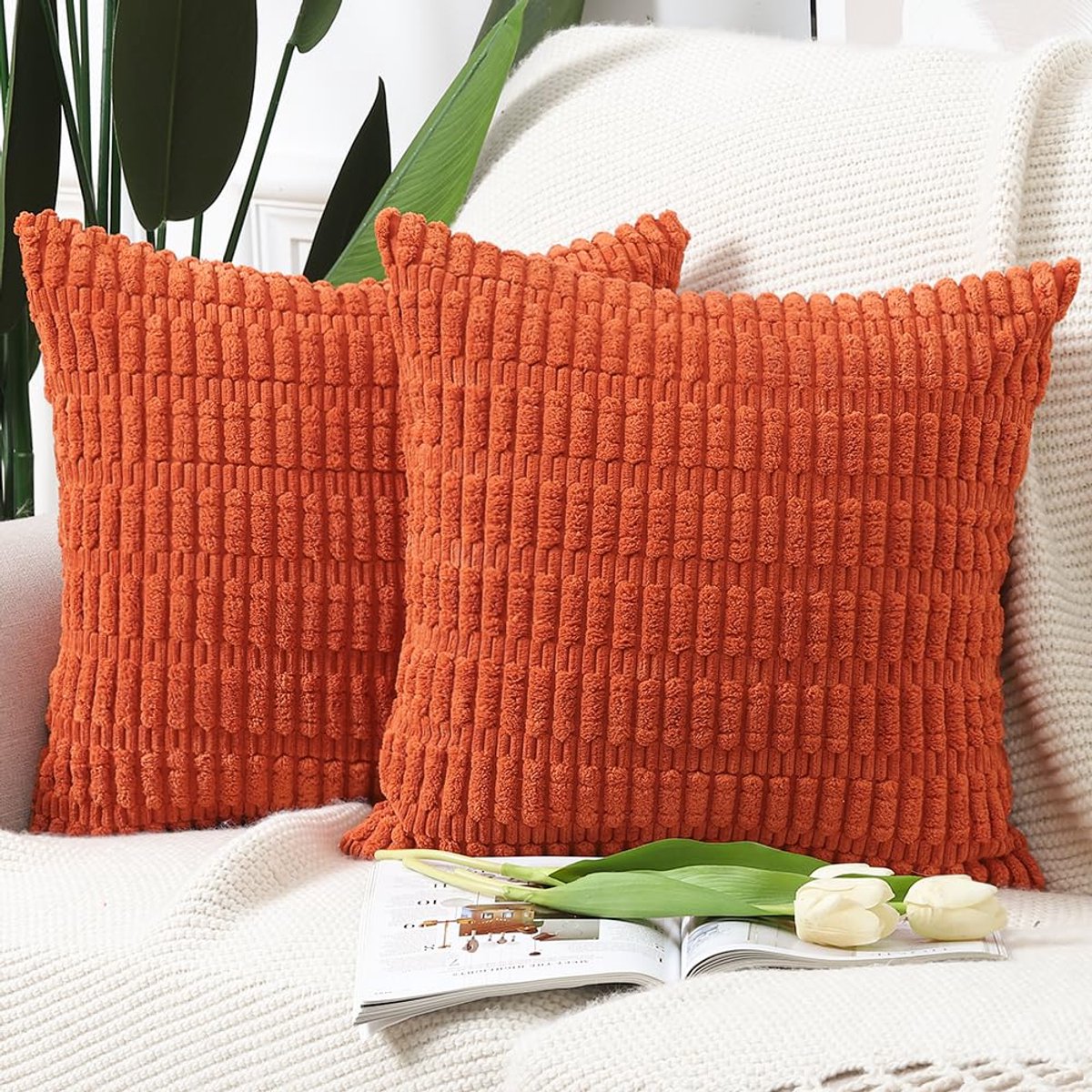 Ibenzoa Decoratieve set van 2 kussenslopen in boho stijl van zacht corduroy fluweel voor bank en slaapkamer oranje