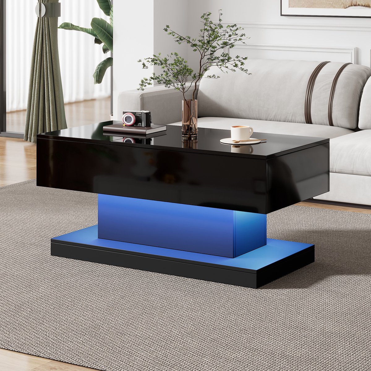 HAUSS SPOLE Salontafels - Rechthoekig Met Liftfunctie En Hoogglans - Met Opbergruimte Voor Woonkamer - Hout - Zwart - 100x50x45 cm