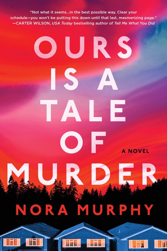 Boekcover van 'Ours Is a Tale of Murder' met tekst en een afbeelding van huizen onder een kleurrijke lucht.