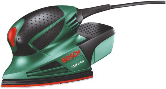 Groene en zwarte Bosch PSM 100 A multischuurmachine met stroomkabel.