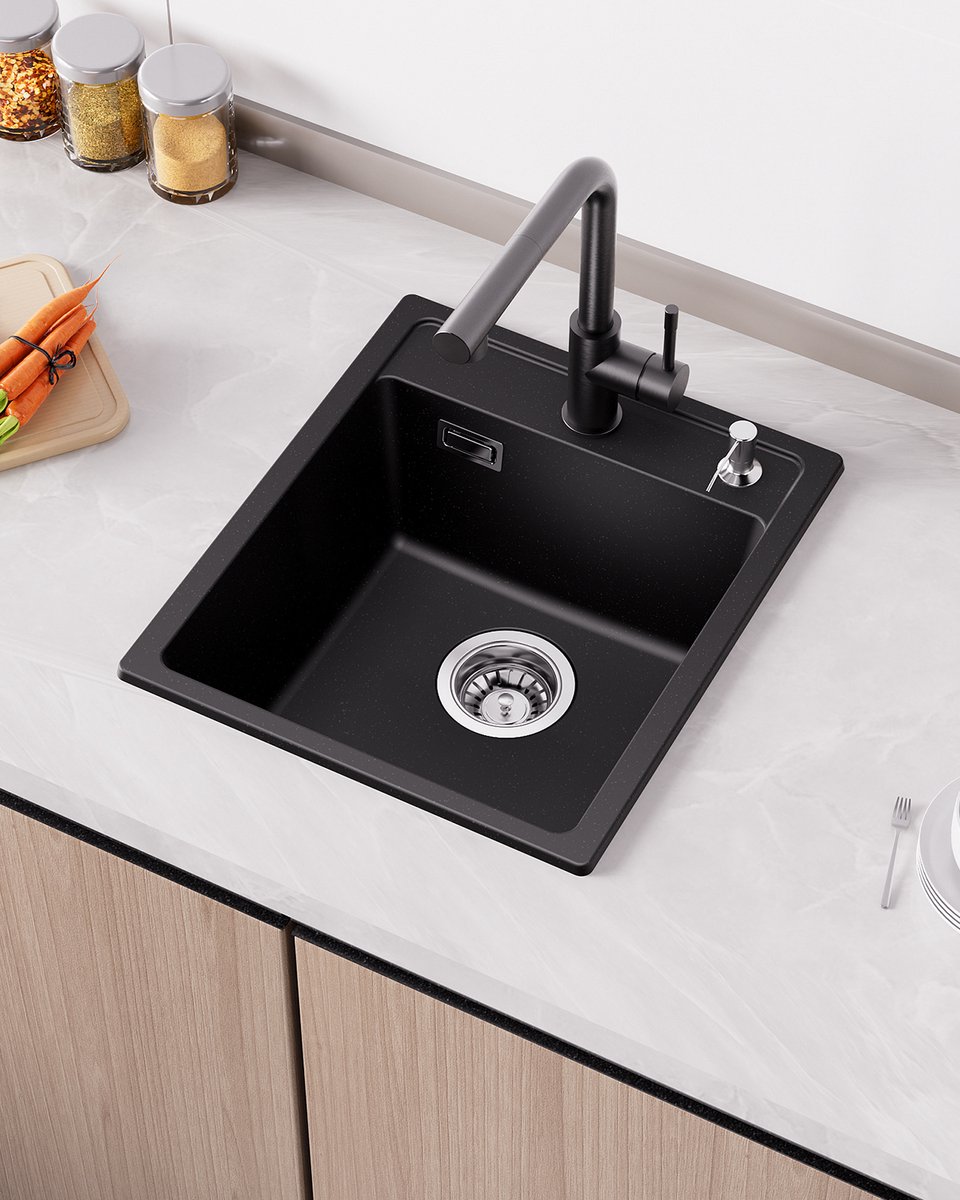 ANYCEE MAX Granieten Spoelbakken - Inbouwwasbak 40 x 46 cm - 1 Bak Zwart - Afvoerset Inbegrepen ( Nee Zeepdispenser)