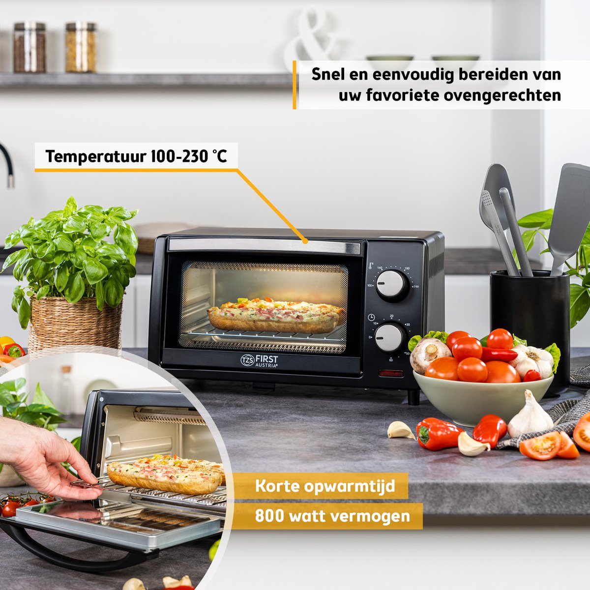 TZS First Austria Mini oven 10L - vrijstaande oven - 800W - max 230°C - Timer - Zwart – foto 6