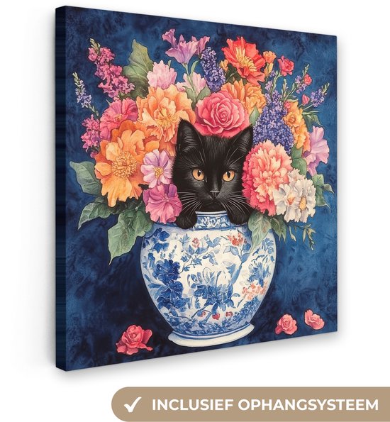 Canvas schilderij 20x20 cm - Exclusieve wanddecoratie Kat - Felgekleurde bloemen - Vaas - Muurdecoratie woonkamer - Slaapkamer decoratie - Kamer accessoires - Schilderijen op canvas