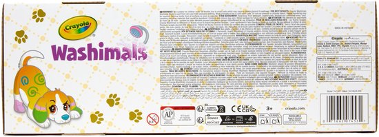 Achterkant van Crayola Washimals verpakking met hond-illustratie en tekst.