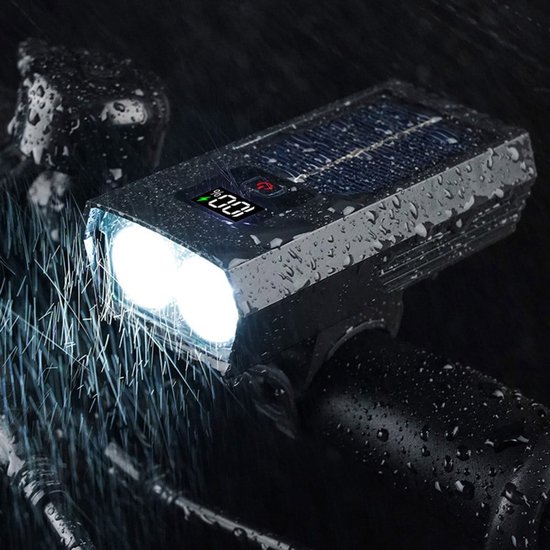 Solar & USB Fietslamp - 1000lm Hoge Helderheid - Anti-Verblindend LED Licht - Met Batterij Indicator - IPX5 Waterdicht - Zwart (10x4.5x2.5cm) — afbeelding 5