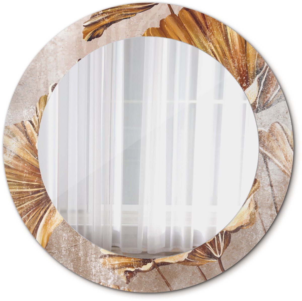 Tulup Spiegel - Ronde vorm Spiegel - op gehard Glas - Boho bladeren - Diameter: 60 cm - Decoratieve spiegel - Slaapkamerspiegel - Badkamerspiegel - Gang - Kleedkamer - Gele - Minimalistische Spiegel - Visagiespiegel - Ophangsysteem
