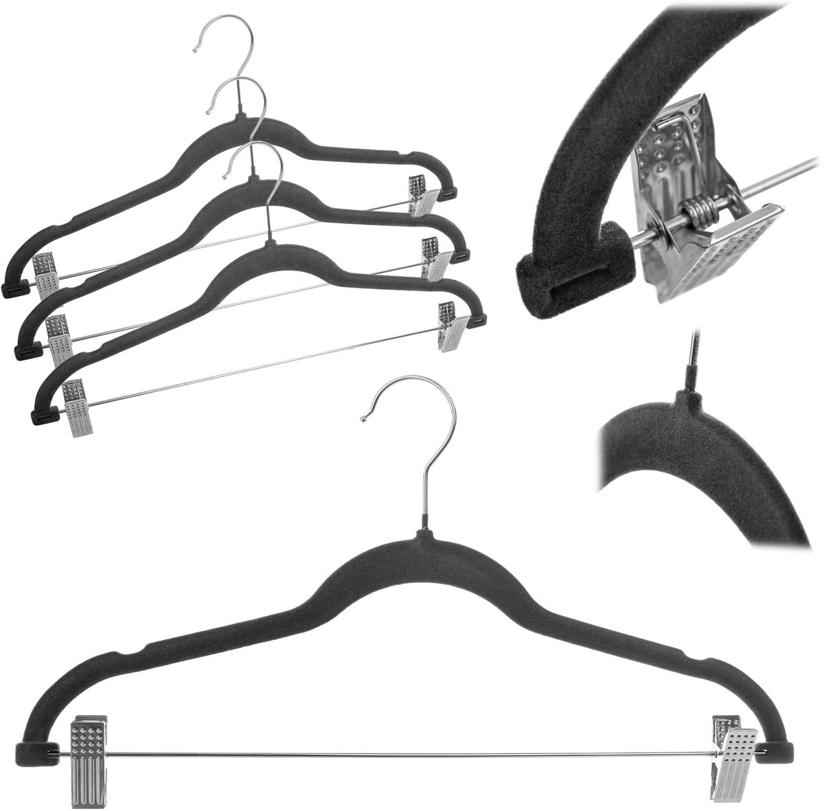 Aube flocked kledinghanger met clips, donkergrijs, 3 st.