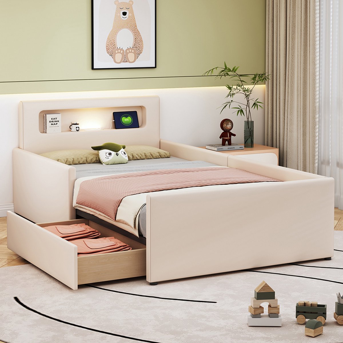 Pugsdrly Gestoffeerd kinderbed 90*200 cm, met nachtlampje en USB-oplaadpoort, met opbergvakken, verhoogde zijdelen voor veiligheid, eenvoudig eenpersoonsbed, jongens- en meisjesbed, kunstleer, beige