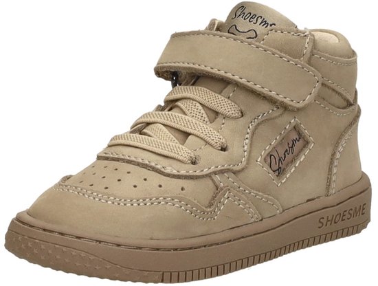 Taupe leren mid-top sneakers met veters en klittenbandsluiting. "Shoesme" op de zijkant.
