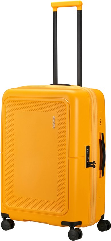 Gouden gele American Tourister koffer met ritssluiting, handvat en wielen.