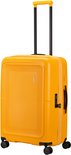 Gouden gele American Tourister koffer met ritssluiting, handvat en wielen.