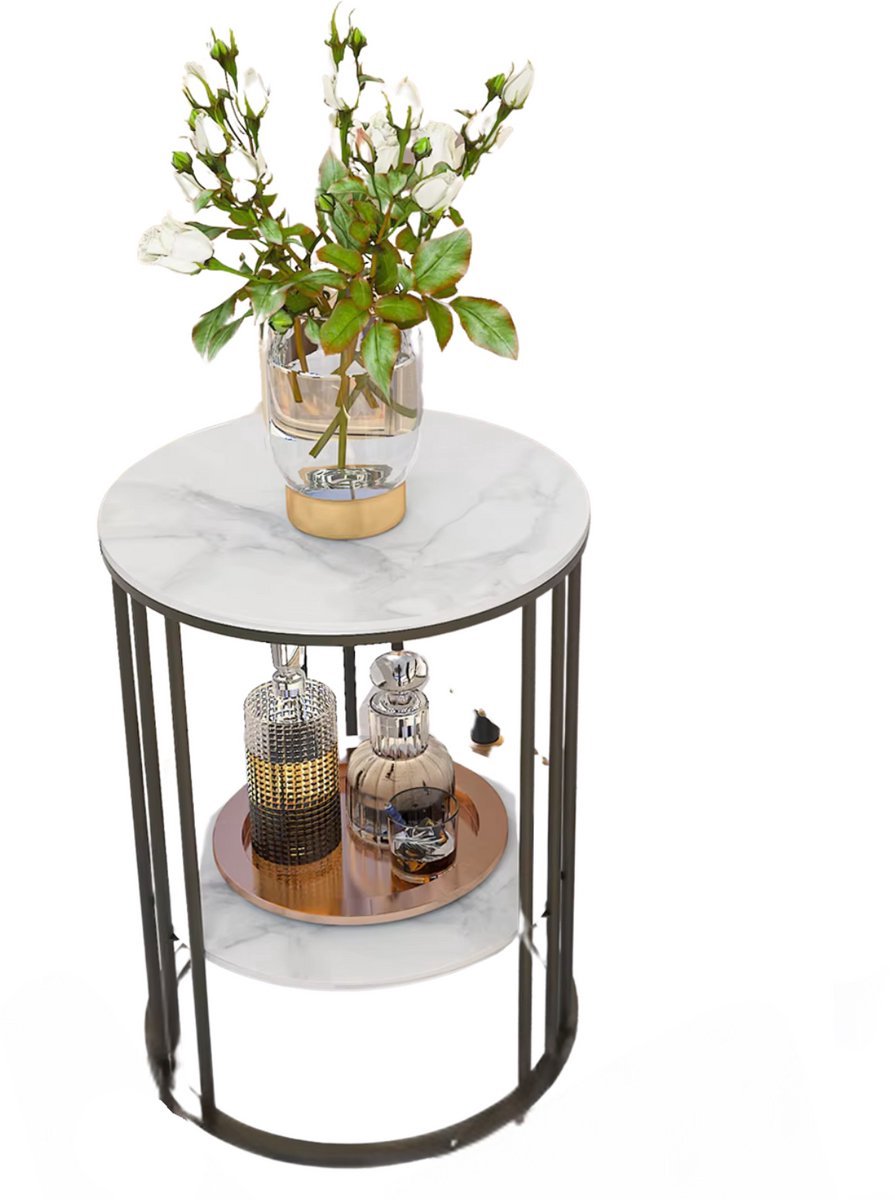 Happiq Ronde bijzettafel Malito Tavien - Salontafel - Woonkamer - Marmerlook - Side table - 40cm Wit