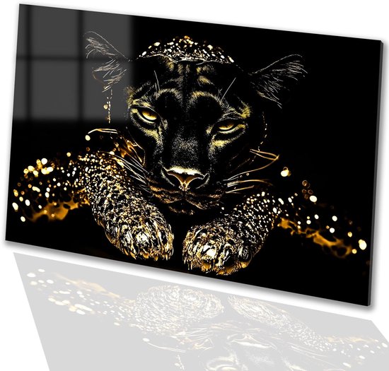 Zwarte panter met gouden accenten - Panter glasschilderij - Schilderijen dieren - Hyperrealisme - Kunst op plexiglas - Slaapkamer decoratie - acrylglas 150x100 cm