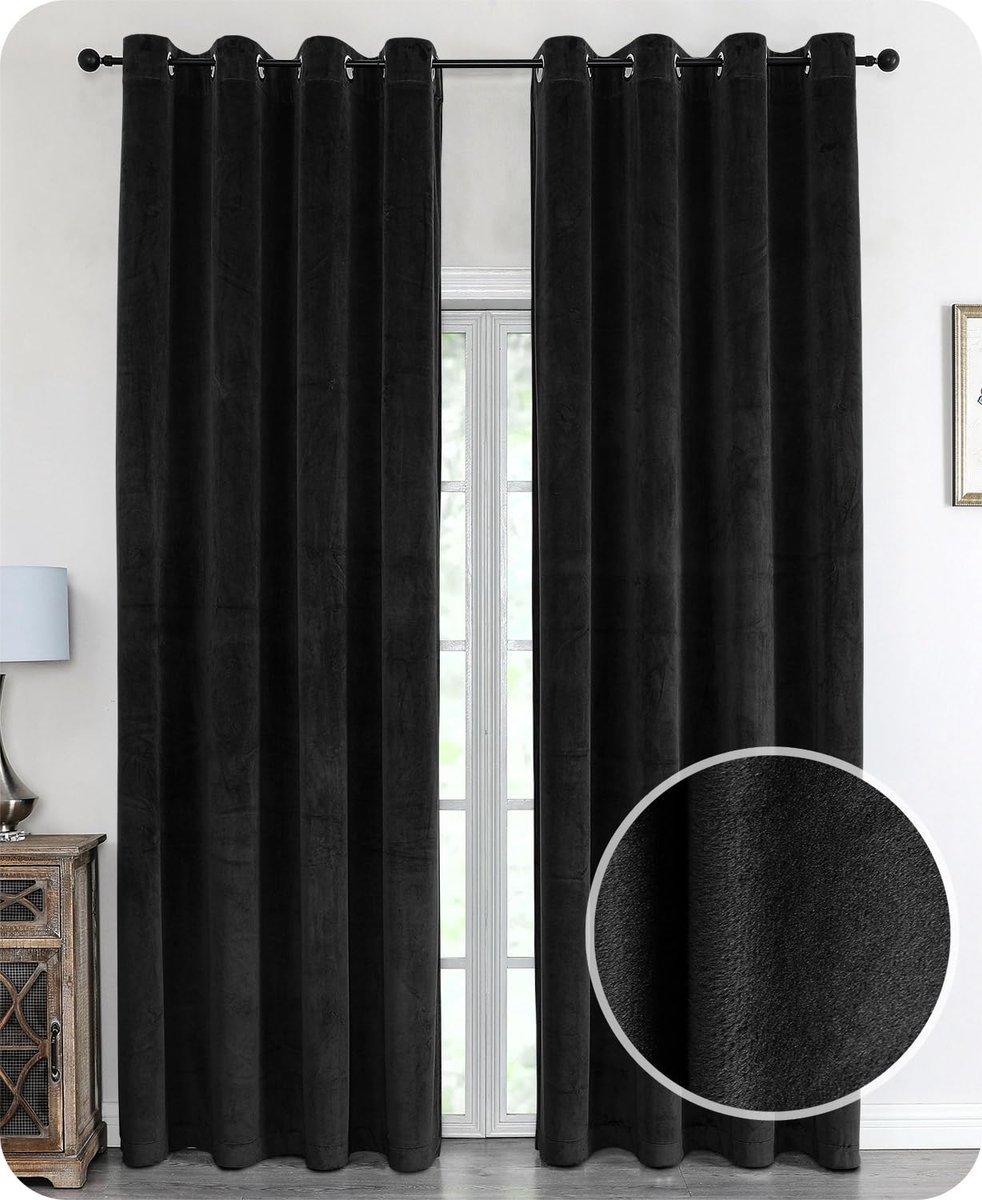 Ibenzoa Elegant en Stijlvol Fluwelen Verduisteringsgordijn met Oogjes, Zwart, 140 x 145 cm