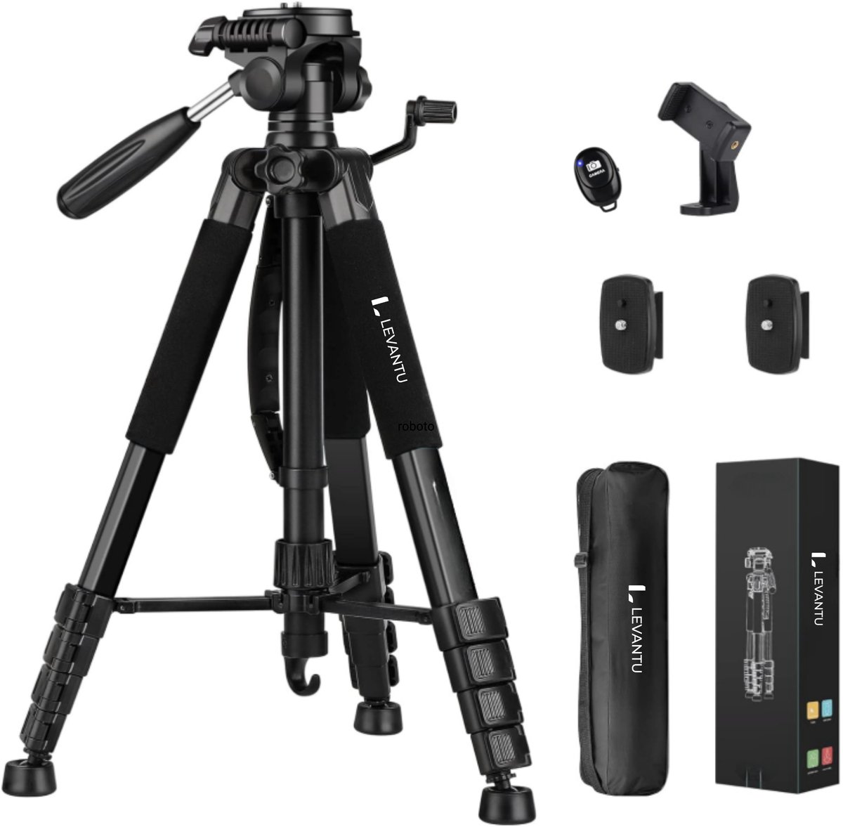 LEVANTU Camera statief - Camerastatief - Tripot smartphone- Telefoon statief - tot 188cm - Incl. Bluetooth afstandbediening - Zwart