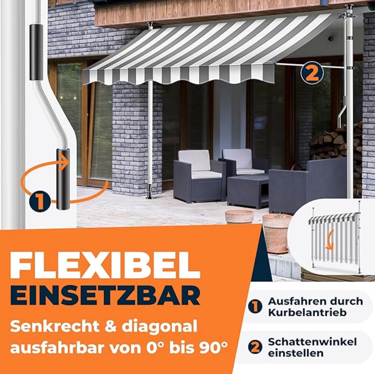 Klemzonwering / zonnescherm met handzwengel – breedte 300 cm – voor balkon en overkapping – zonder boren – hoogte verstelbaar – grijs / wit