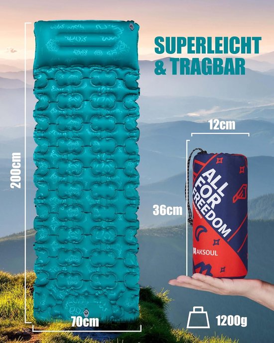 Zelfopblazende Slaapmat - Ultralicht en Draagbaar - 1 stuk - Pauwenblauw - 195x70x10 cm van Merkloos — afbeelding 4