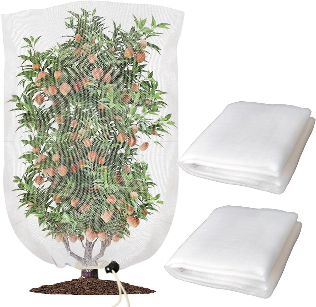 2 stuks - Tuinvogelnet met trekkoord - 100 x 140 cm tuinnetzakken - Gaasafdekking voor planten - Plantenbarrière - Om fruitbomen en groenten te beschermen tegen insecten en vogels - Wit