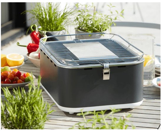 Donkergrijze tafelbarbecue met chroomkleurig rooster, op een houten tafel met planten en fruit.