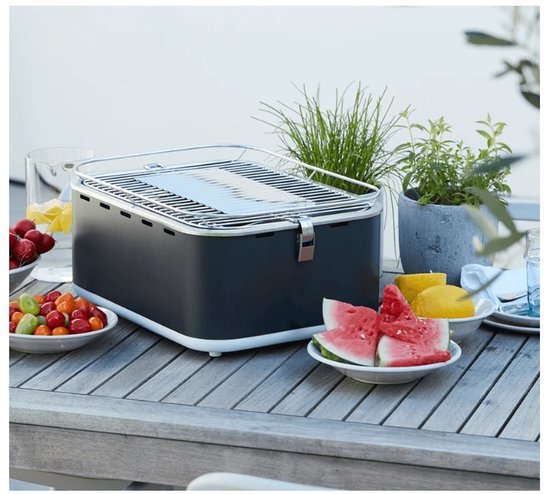 Donkergrijze tafelbarbecue met chroomkleurig rooster, naast schaaltjes met fruit en watermeloen.
