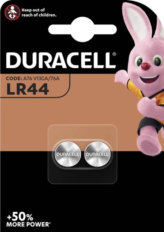 Duracell LR44 batterijen, A76/V13GA/76A, in bruine en zwarte verpakking met roze konijn.