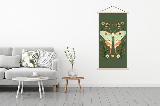 Posterhanger incl. Poster 90x180 cm - Schoolplaat - Bloemen - Bladeren - Olijfgroen - Vlinder - Textielposter - Blanke latten