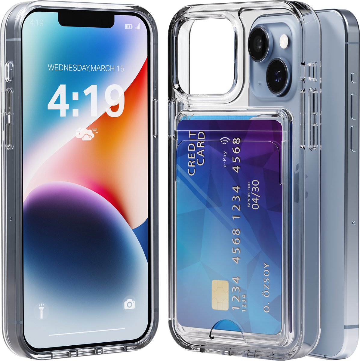 Hoesje geschikt voor iPhone 13/14 met Pasjeshouder Transparant - Met Kaarthouder - Kristalhelder - Hard Case