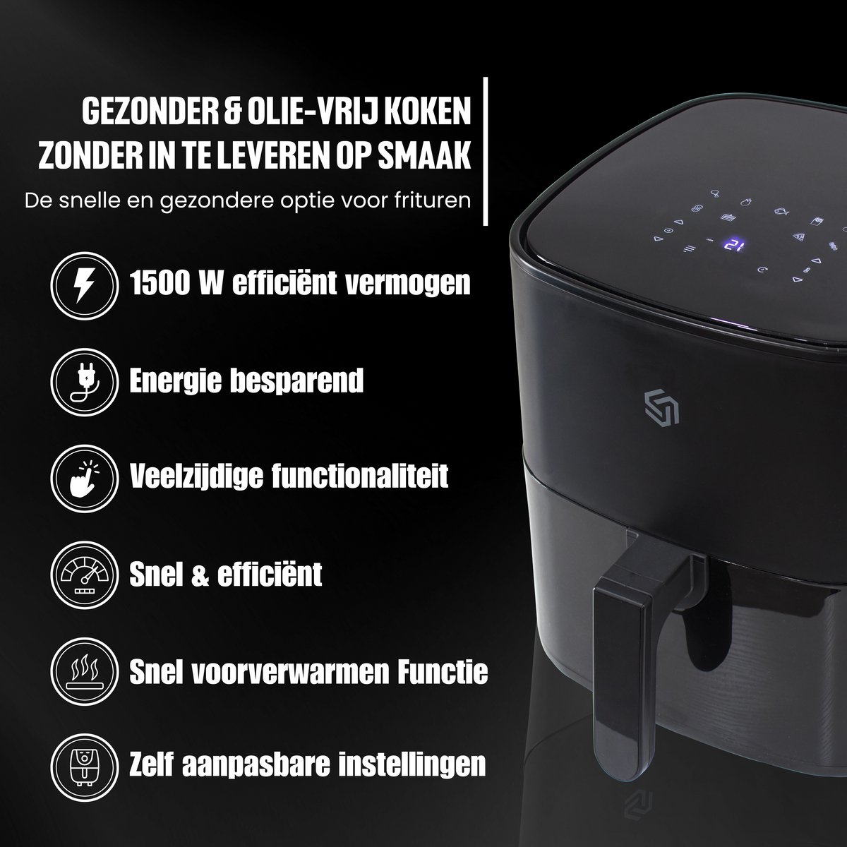 Afbeelding 3 van Airfryer 5.5L met Touchscreen – 1500W – 9 Programma’s – Timer & Eigen Instellingen – Heteluchtfriteuse - 80ºC-200ºC – Zwart