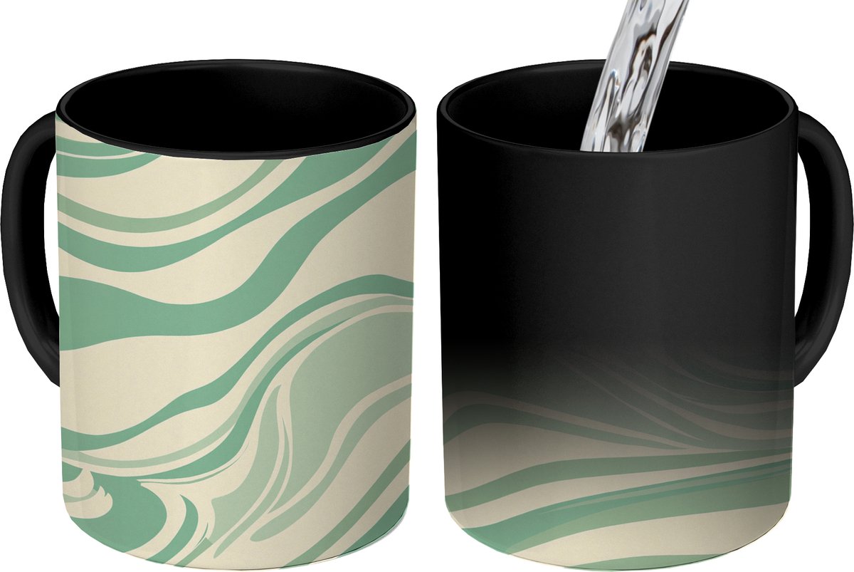 Magische Mok - Foto op Warmte Mokken - Koffiemok - Organische lijnen - Mintgroen - Marmer print - Magic Mok - Beker - 350 ML - Theemok