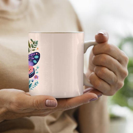 Mok - Koffiemok - Bloemen - Bladeren - Vlinder - Kleurrijk - Mokken - 350 ML - Beker - Koffiemokken - Theemok