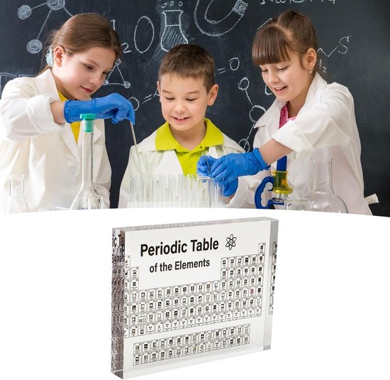 Periodiek systeem met monsters van echte elementen binnenin, acryl periodiek systeem van elementen voor kinderen en volwassenen, groot periodiek systeem van elementen met echte 3D-elementen