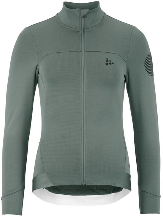 Dames fietsshirt in de kleur groen. Vooraanzicht met rits, lange mouwen en een grafische print op de linkermouw.