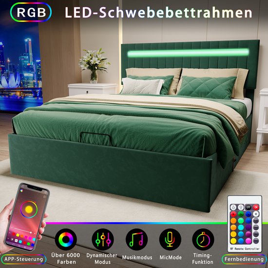Gestoffeerd tweepersoonsbed 160x200 cm, bedombouw met LED-verlichting, lattenbodem en hoofdeinde, bedframe voor volwassenen, tieners, fluweelgroen (zonder matras)