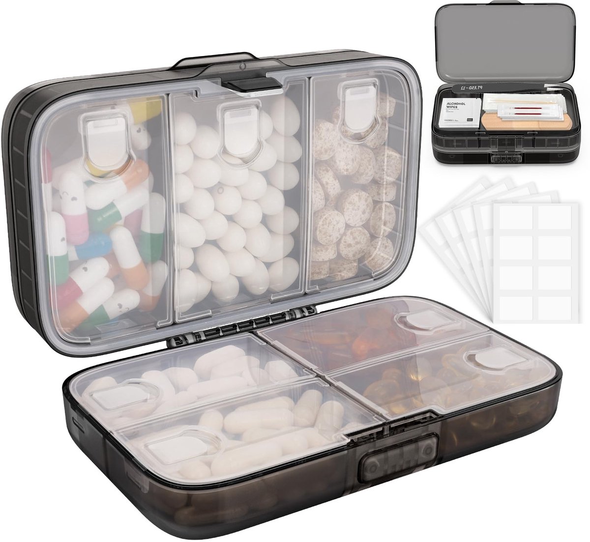 Ibenzoa® Compacte en Draagbare Medicijnorganizer met 8 Vakken voor Dagelijks en Reizen, Zwart