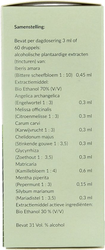 Ingrediëntenlijst met extracten zoals Iberis amara, Kamillebloem, Pepermunt en Mariadistel. Bevat 30% alcohol.