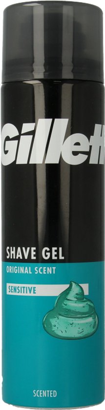 Gillette scheergel fles met blauwe band en groene veeg gel.