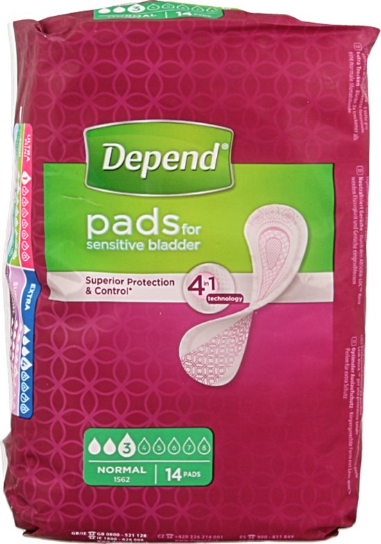 Depend pads voor gevoelige blaas, verpakking van 14 stuks, met 4-in-1 technologie, 'Superior Protection & Control'.