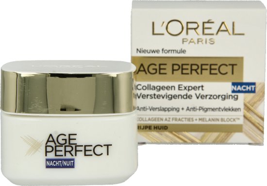 L'Oréal Paris Age Perfect nachtcrème pot en doosje. "Nacht/Nuit" geschreven op het potje.