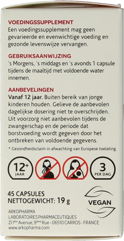Achterkant verpakking Arkocaps Meidoorn, met gebruiksaanwijzing en aanbevelingen.